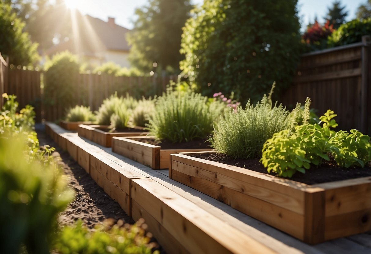 A sunny backyard with three cedar raised beds filled with luscious green plants, surrounded by a neatly trimmed lawn and a wooden fence