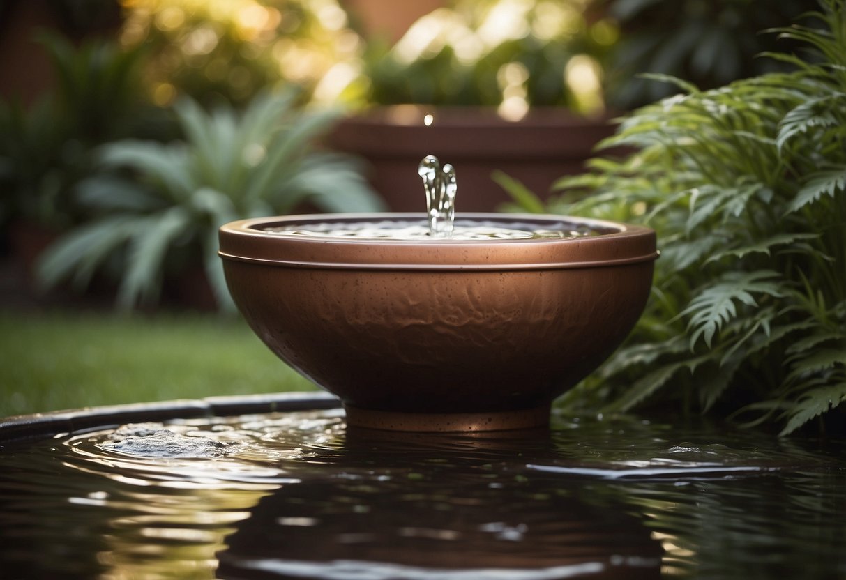 A copper water feature stands in a lush brown garden, surrounded by earthy tones and natural textures