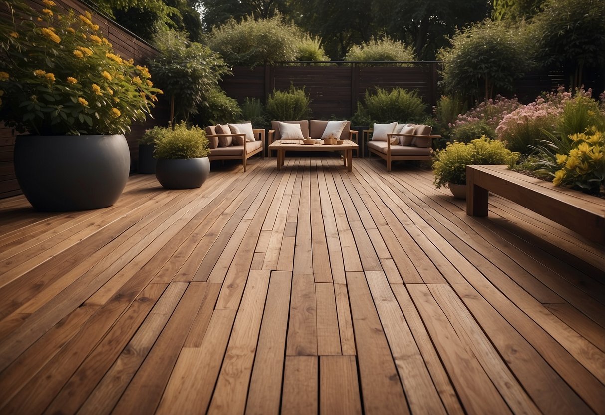 A wooden deck stained with espresso brown, surrounded by garden ideas