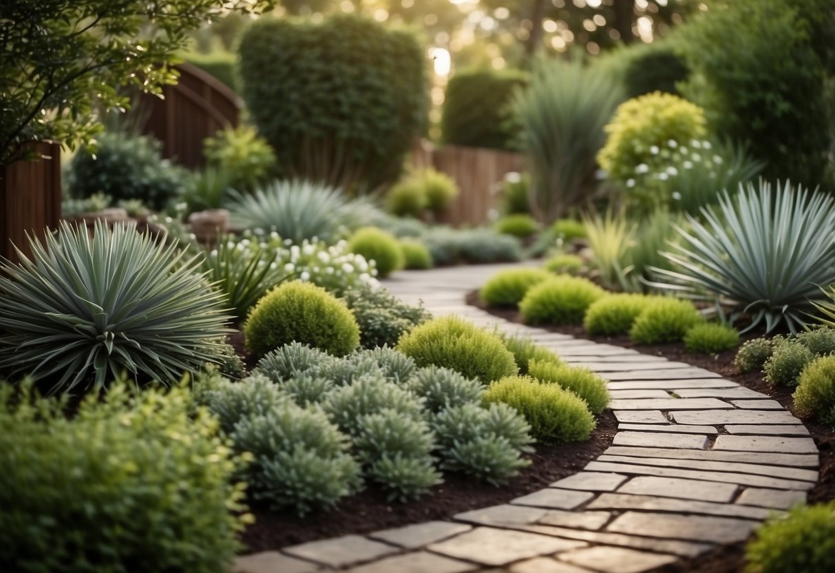 A lush garden with earthy brown tones, featuring asymmetrical plantings, natural textures, and minimalistic design elements. The use of stone pathways and rustic wooden accents adds to the tranquil and organic atmosphere