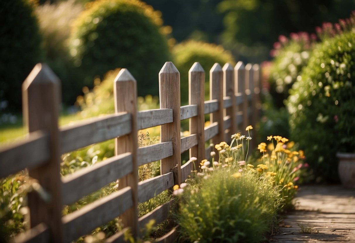 A rustic brown wooden picket fence surrounds a lush garden, adding a charming touch to the outdoor space