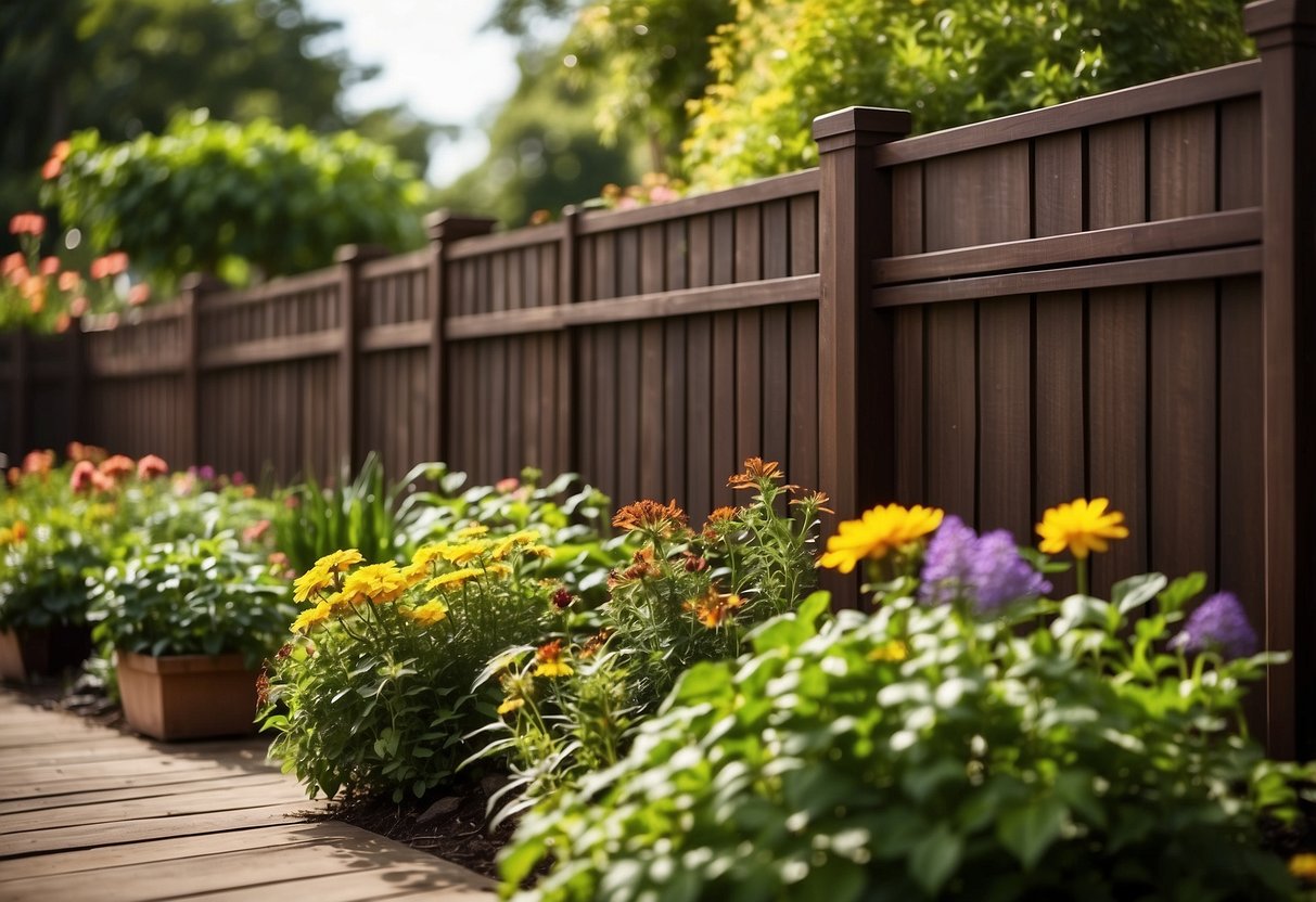 A chocolate brown stained privacy fence surrounds a lush garden, with vibrant green plants and colorful flowers peeking through the slats