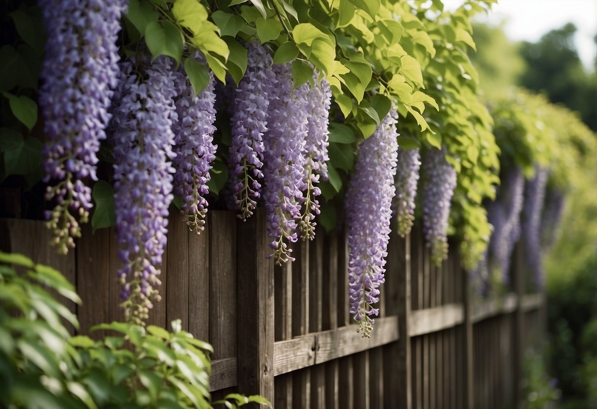 An antique brown fence adorned with wisteria vines, surrounded by a lush garden of flowers and greenery