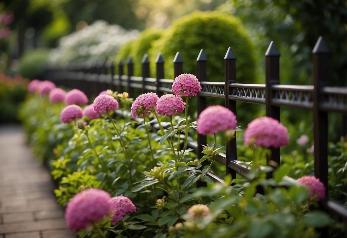 A deep brown lattice fence surrounds a lush garden, with vibrant flowers and greenery peeking through the intricate pattern