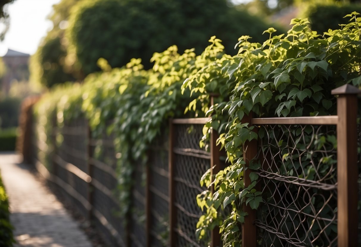 An espresso brown trellis covered in ivy stands against a matching fence in a lush garden