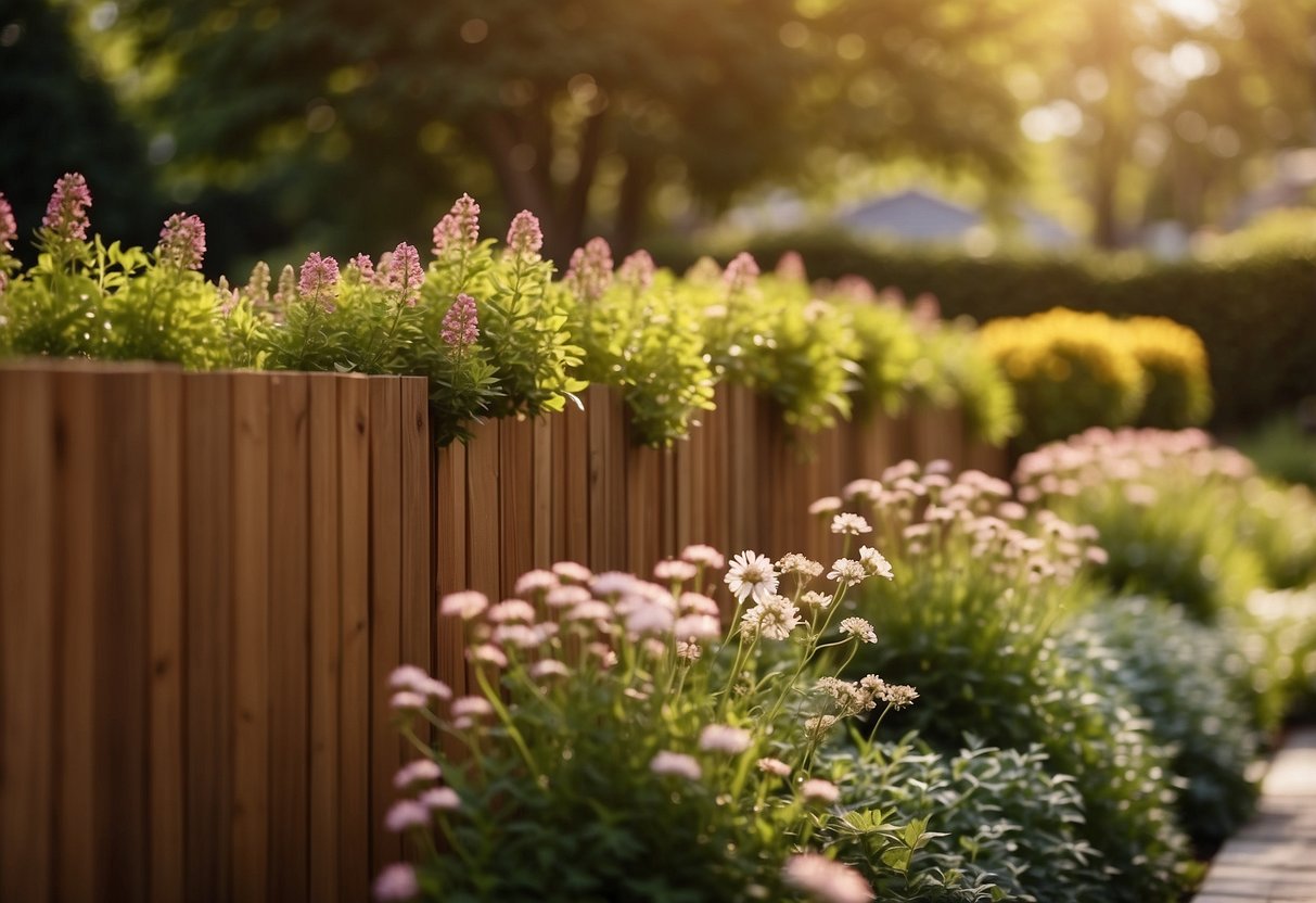 A warm brown cedar fence surrounds a lush garden, with flowers and plants peeking through the slats