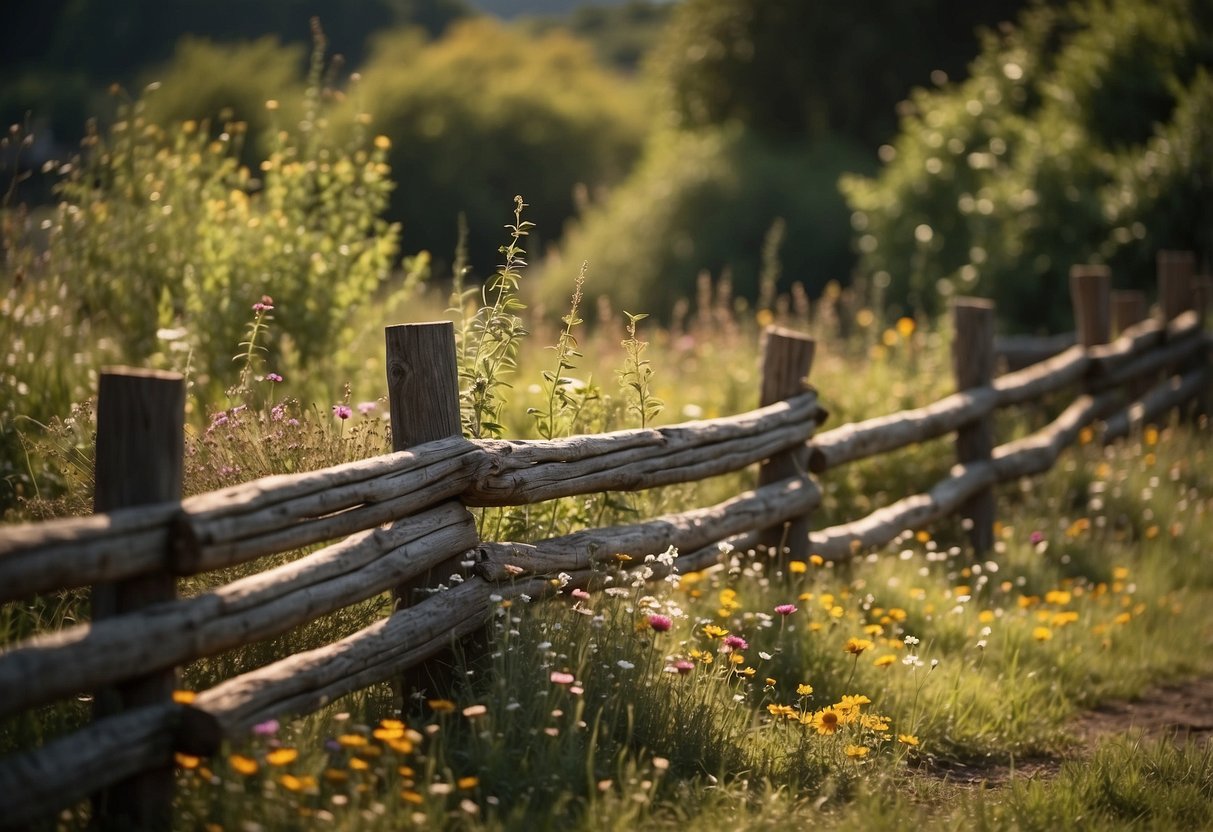 A weathered brown split rail fence surrounds a rustic garden, with overgrown vines and wildflowers peeking through the gaps