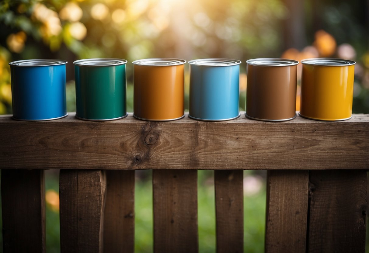 A wooden garden fence being painted with various shades of brown, with paint cans and brushes nearby for choosing the right color