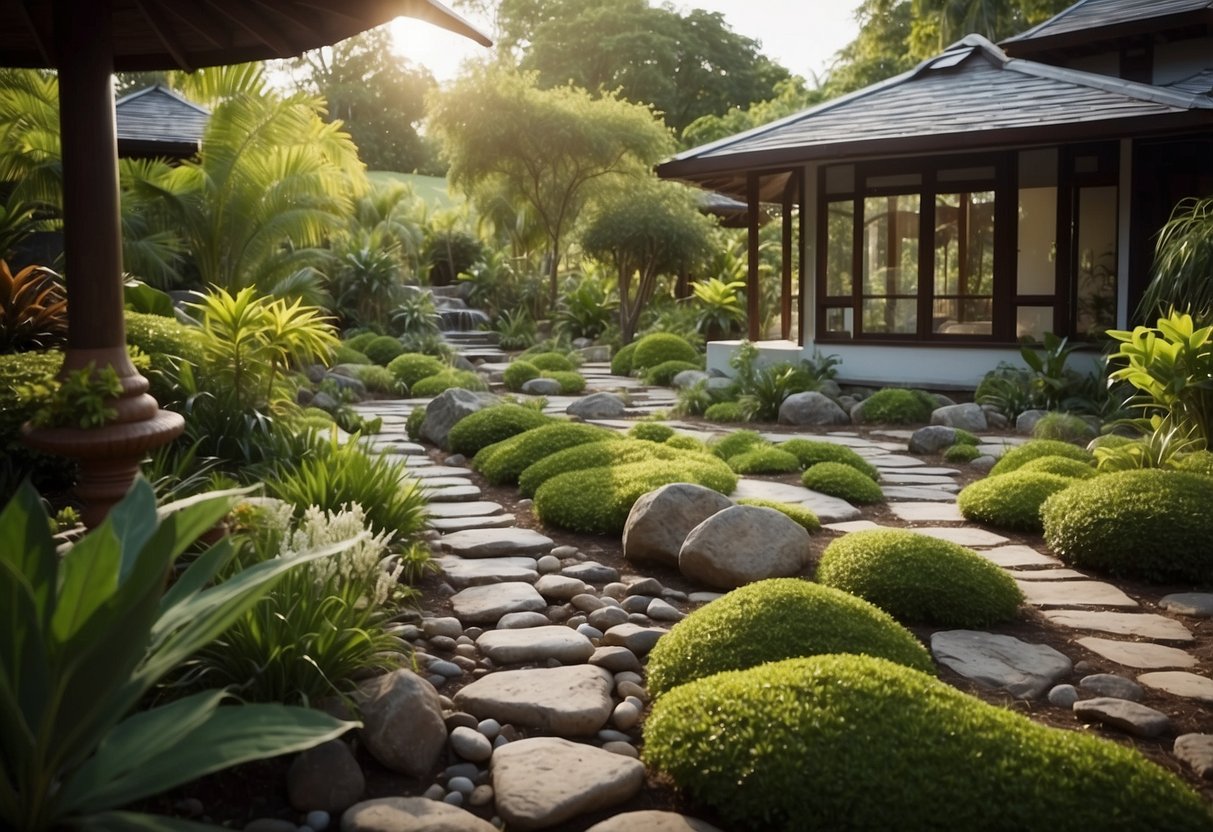 A serene Zen pathway winds through a bungalow garden, with carefully placed rocks, lush greenery, and a peaceful water feature