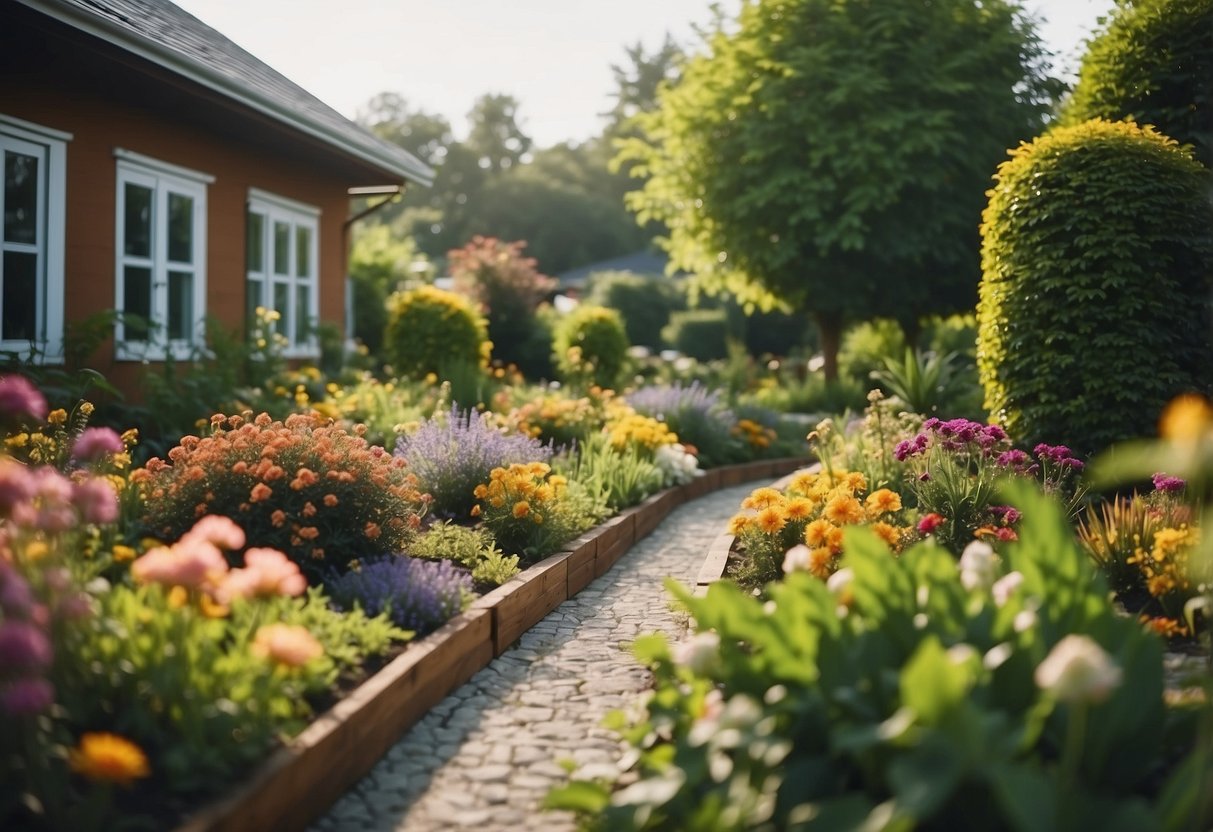 Create a cozy bungalow garden with raised flower beds, surrounded by lush greenery and colorful blooms