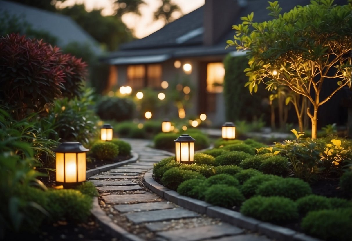 A bungalow garden with solar lights illuminating pathways and highlighting plants and features