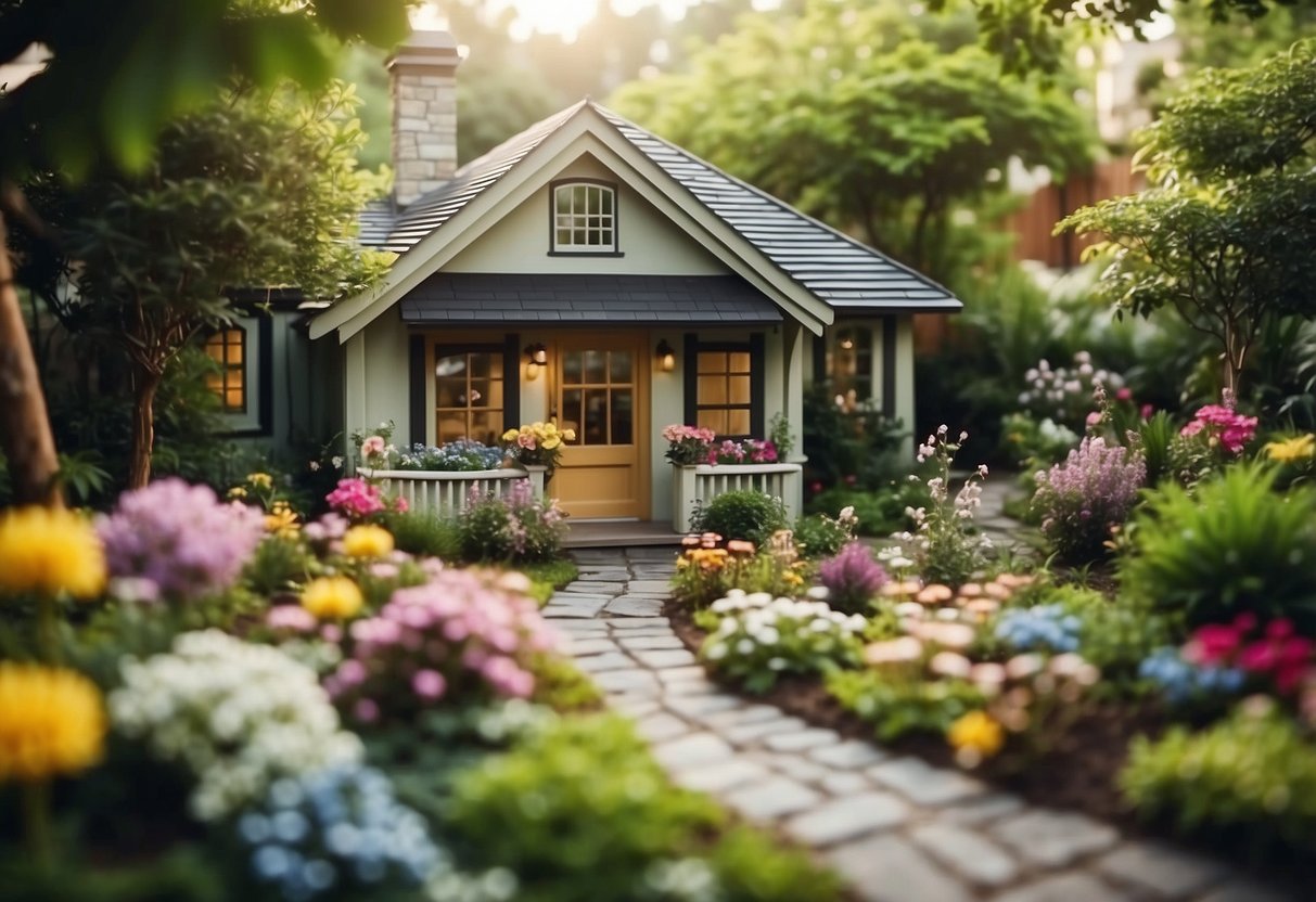 A charming bungalow nestled in a lush fairy garden, surrounded by colorful flowers, winding pathways, and whimsical decorations