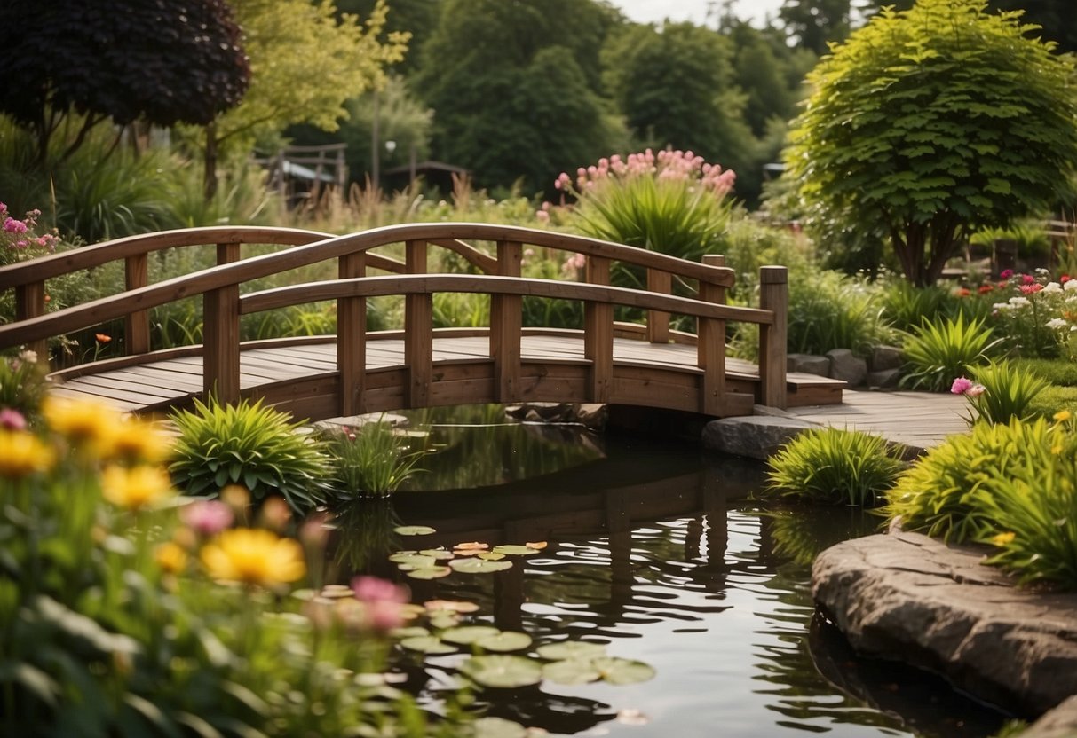 A small pond nestled in a bungalow garden, surrounded by lush greenery and colorful flowers. A wooden bridge crosses the pond, leading to a cozy seating area