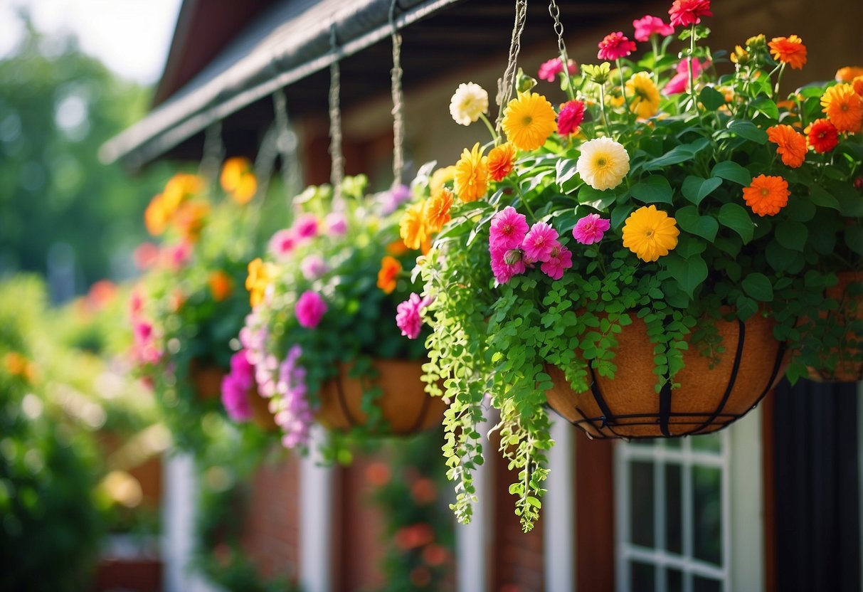 Lush green hanging baskets overflow with vibrant flowers in a cozy bungalow garden. A serene and inviting space filled with color and life