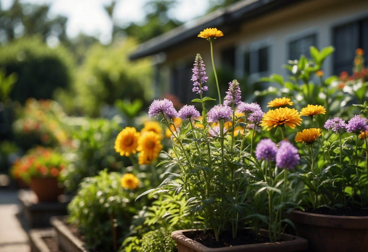 A variety of colorful flowers and greenery are carefully arranged in a bungalow garden, with a mix of tall and short plants creating visual interest and depth