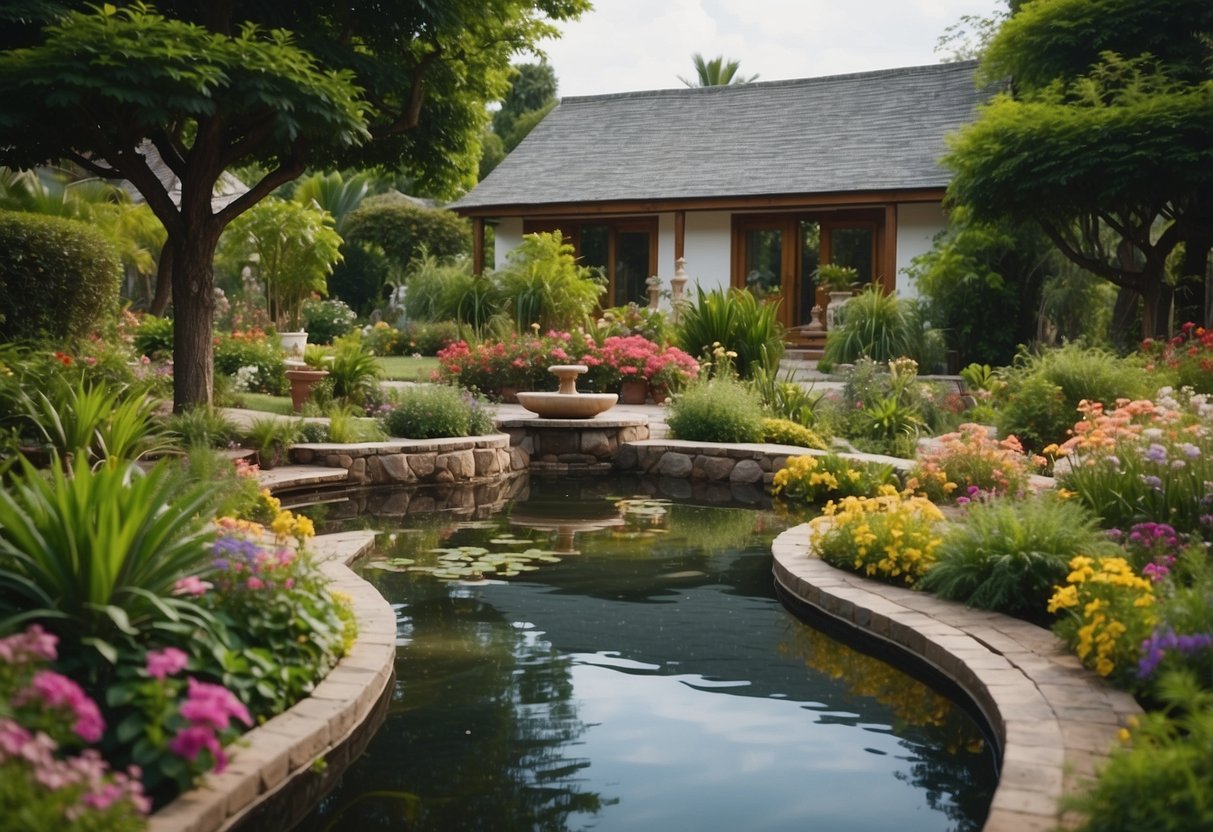 A bungalow garden with a serene water feature surrounded by lush greenery and colorful flowers