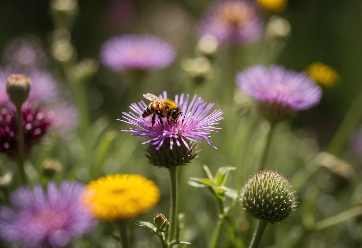 A variety of native wildflowers bloom in a vibrant garden, attracting bees, butterflies, and other insects. The garden is alive with buzzing and fluttering as bugs explore the colorful blooms