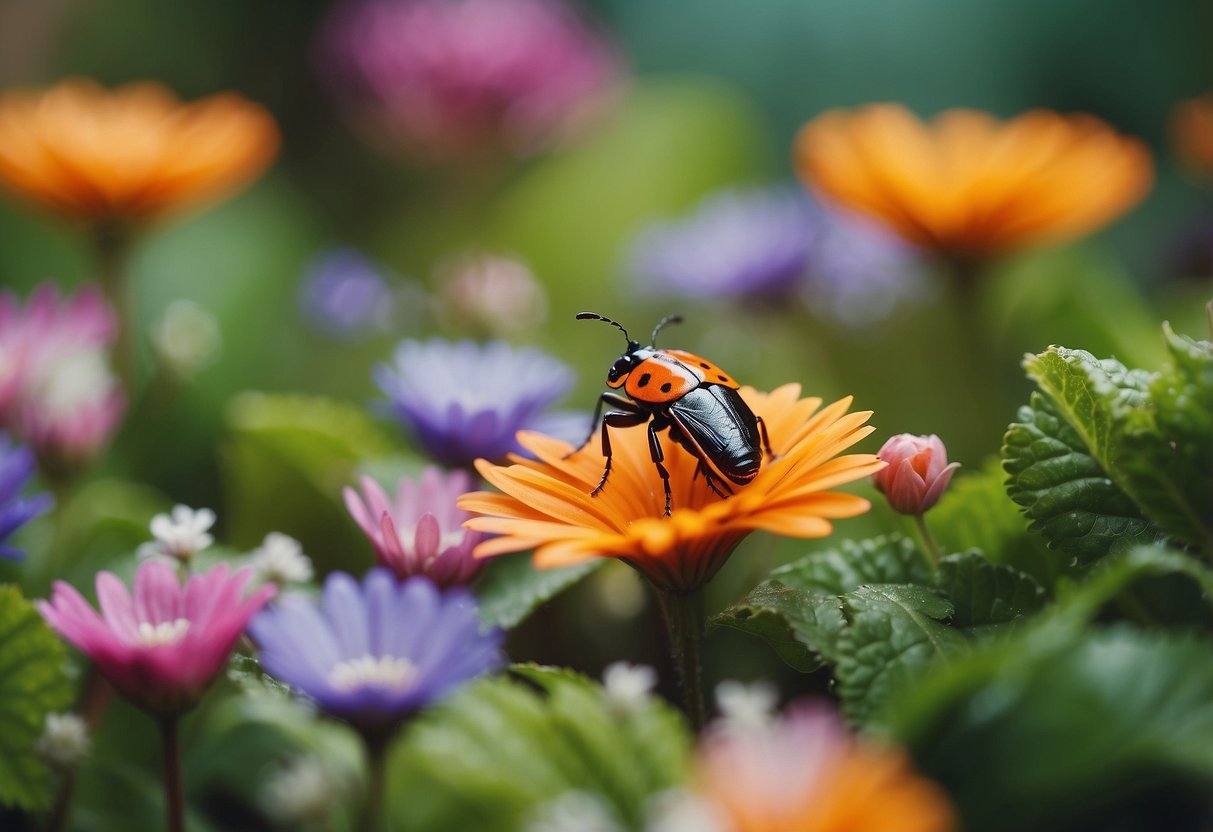 Colorful bugs splash in tiny flower petal pools, surrounded by miniature garden decor and lush greenery