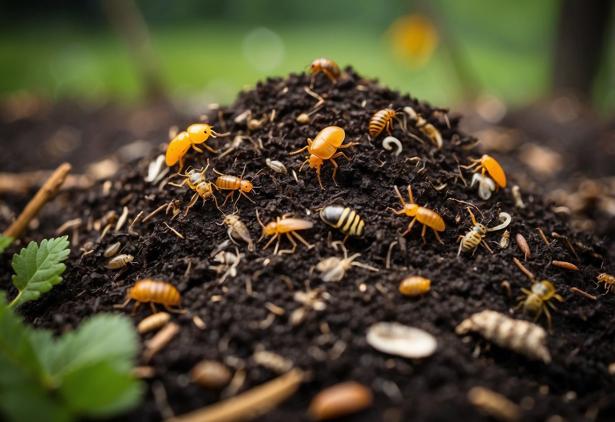 A collection of compost piles surrounded by a variety of decomposers such as worms, beetles, and insects. The piles are teeming with organic material and plant matter, creating a rich environment for decomposition