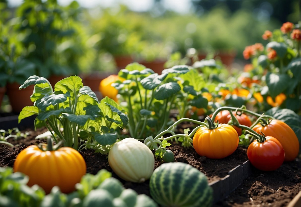 A vegetable garden with various plants intermingled, such as tomatoes with basil, marigolds with cucumbers, and nasturtiums with squash, creating a vibrant and diverse ecosystem