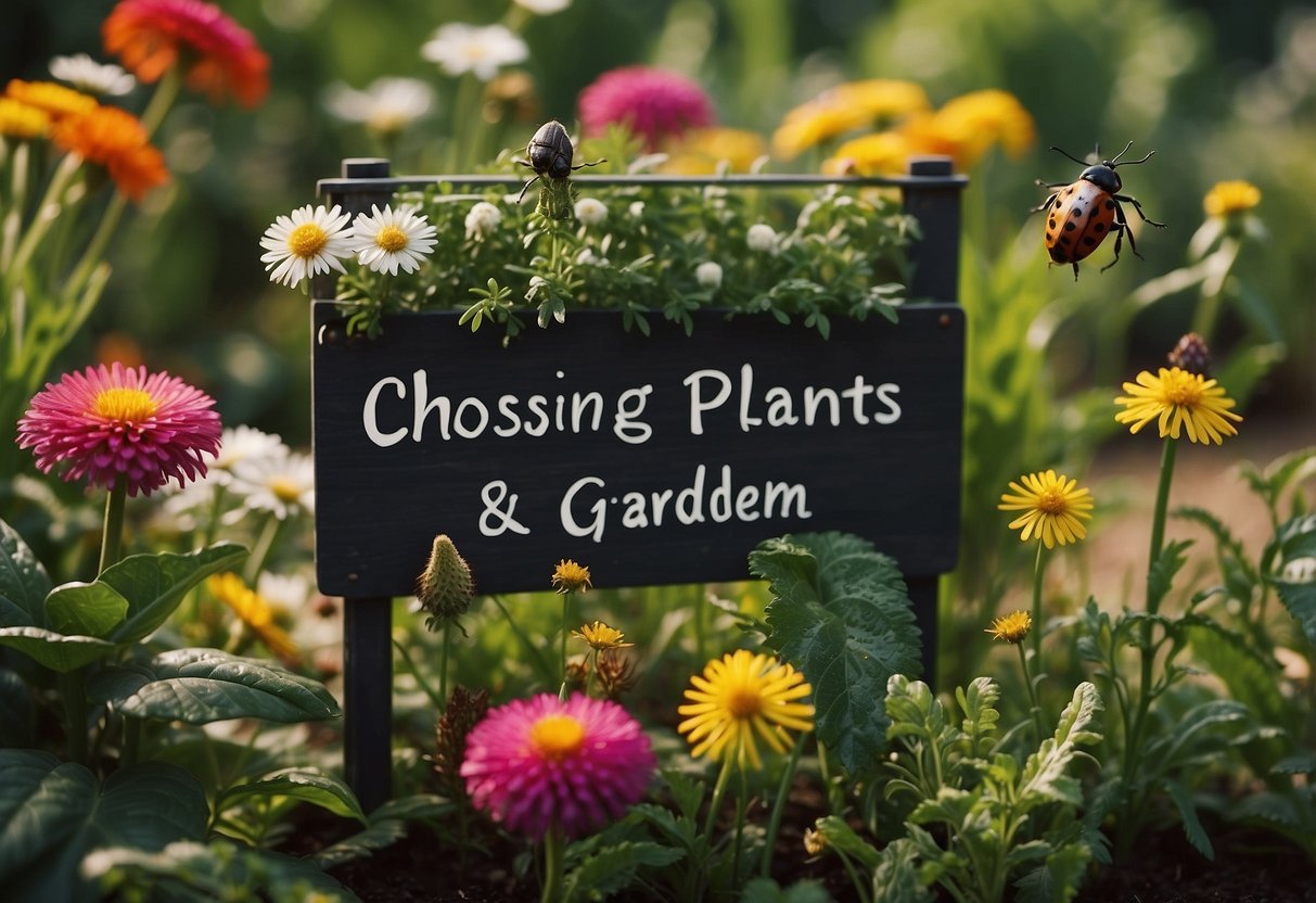 Lush garden with diverse plants, bugs buzzing around. A mix of flowers, herbs, and vegetables. A sign reads "Choosing The Right Plants bug garden ideas"