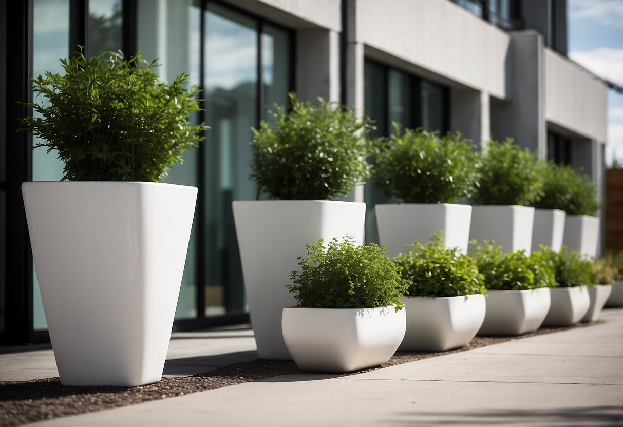 A row of sleek, white planters line the entrance of a Canadian home, filled with vibrant greenery against a backdrop of clean, modern architecture