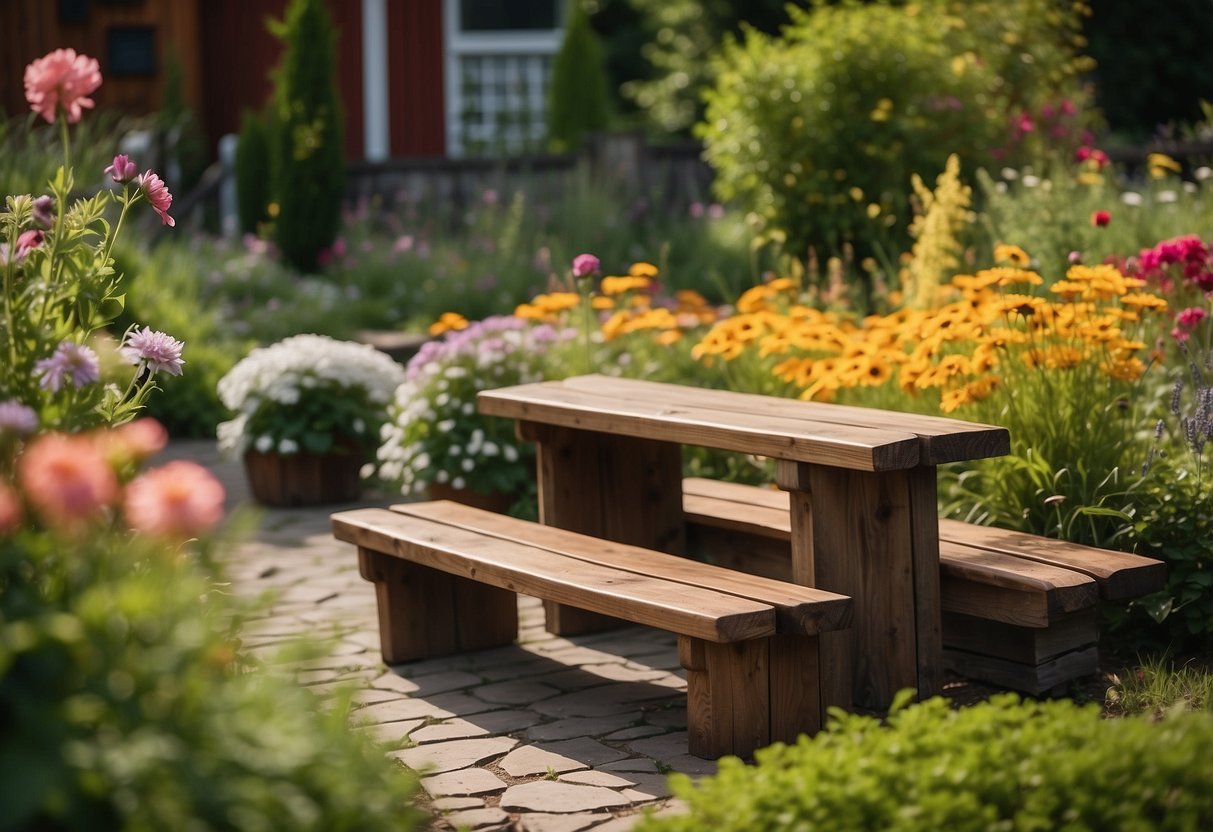 Rustic wooden benches set in a Canadian garden, surrounded by lush greenery and colorful flowers