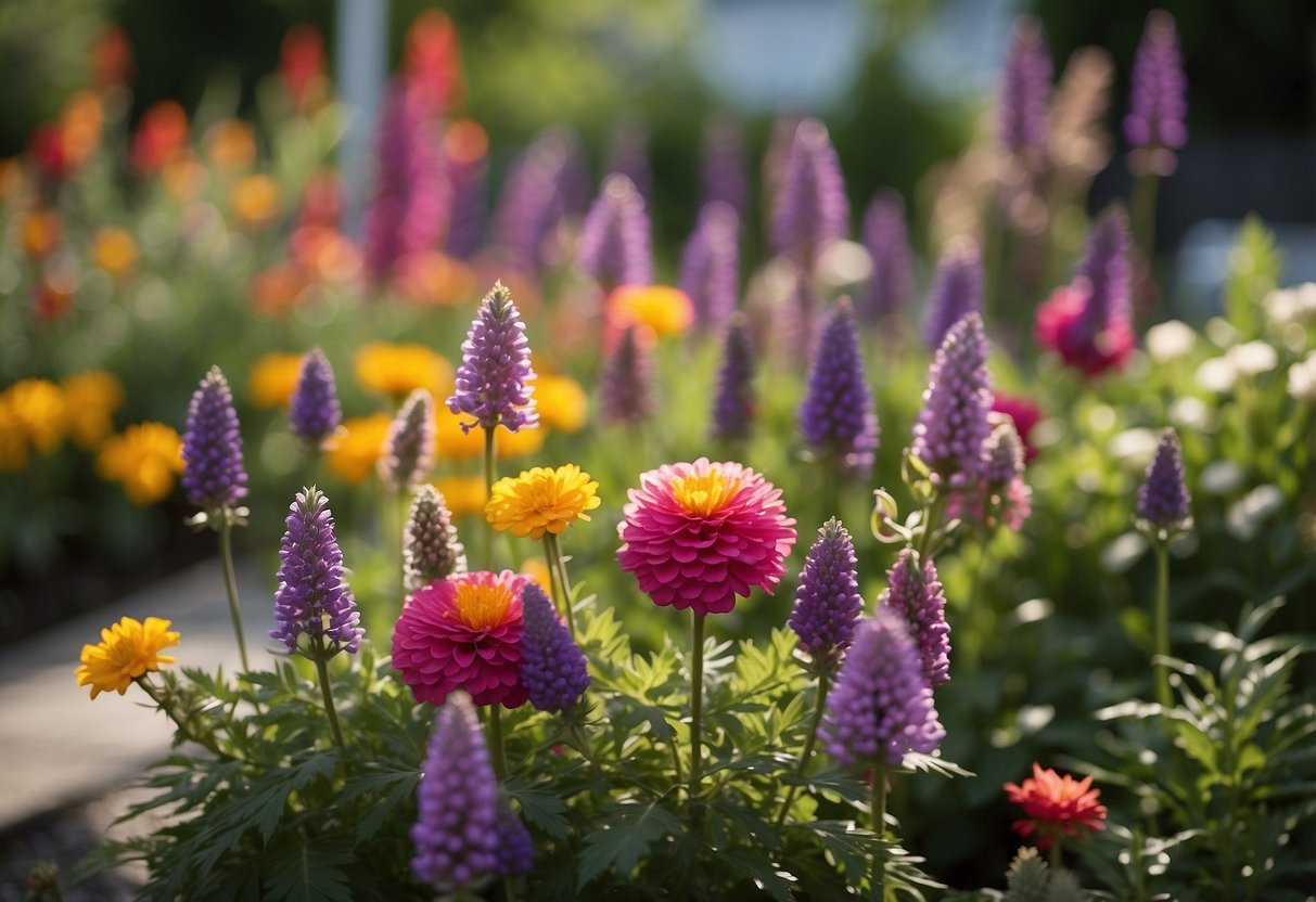 A vibrant array of perennial flowers fills a Canadian front garden, creating a colorful and inviting display