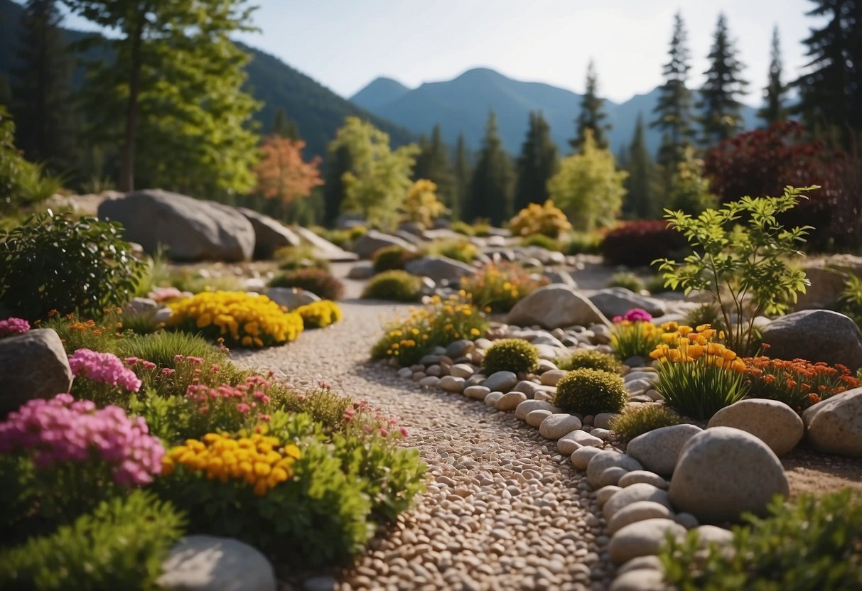 A serene Zen garden with gravel paths, raked sand, and carefully placed rocks, surrounded by lush greenery and colorful flowers, set against a backdrop of a Canadian landscape