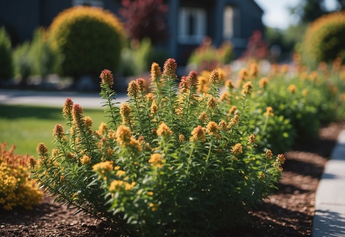 Native Canadian shrubs line a front garden in Canada, with a mix of colors and textures creating a natural and inviting landscape