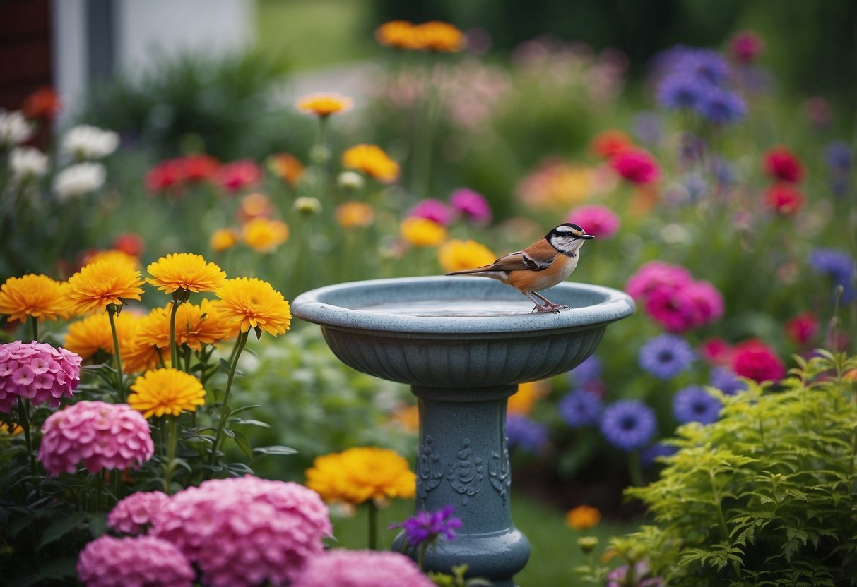 A variety of charming bird baths nestled among vibrant flowers in a Canadian front garden