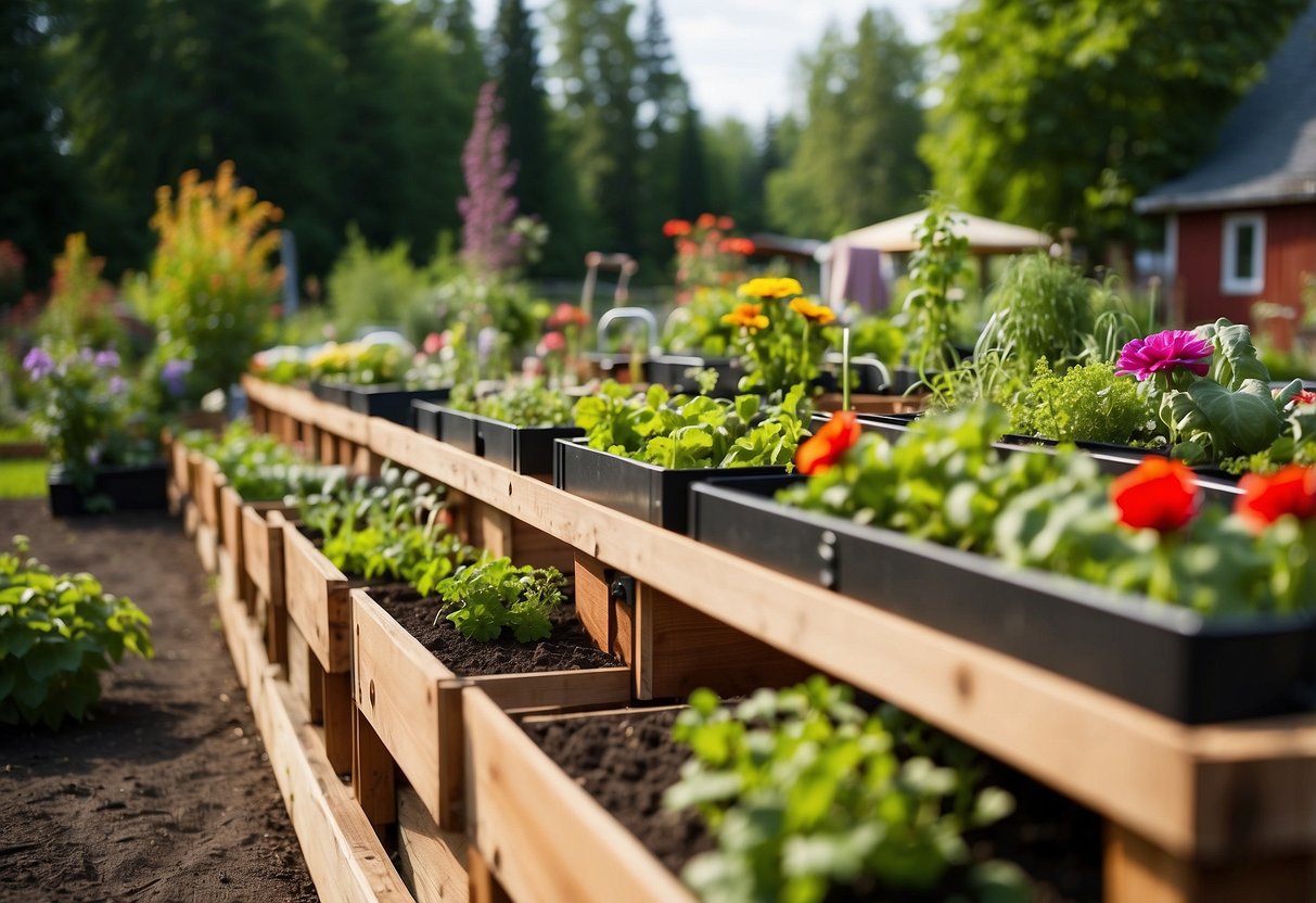 A row of raised vegetable garden boxes in a Canadian front garden, surrounded by lush greenery and colorful flowers