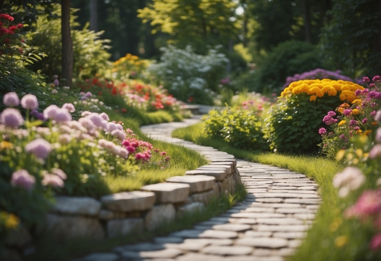 A stone pathway winds through a garden, bordered by vibrant flowers and lush greenery. The Canadian landscape provides a serene backdrop for this tranquil scene