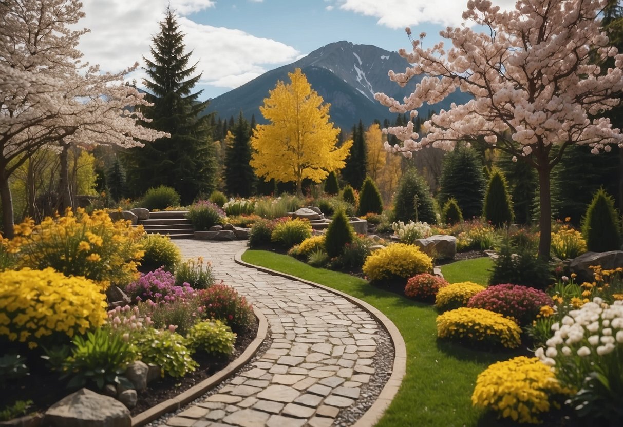 A front garden in Canada, with a variety of plants and flowers blooming in different seasons. Trees with changing leaves, snow-covered ground, and vibrant spring blooms