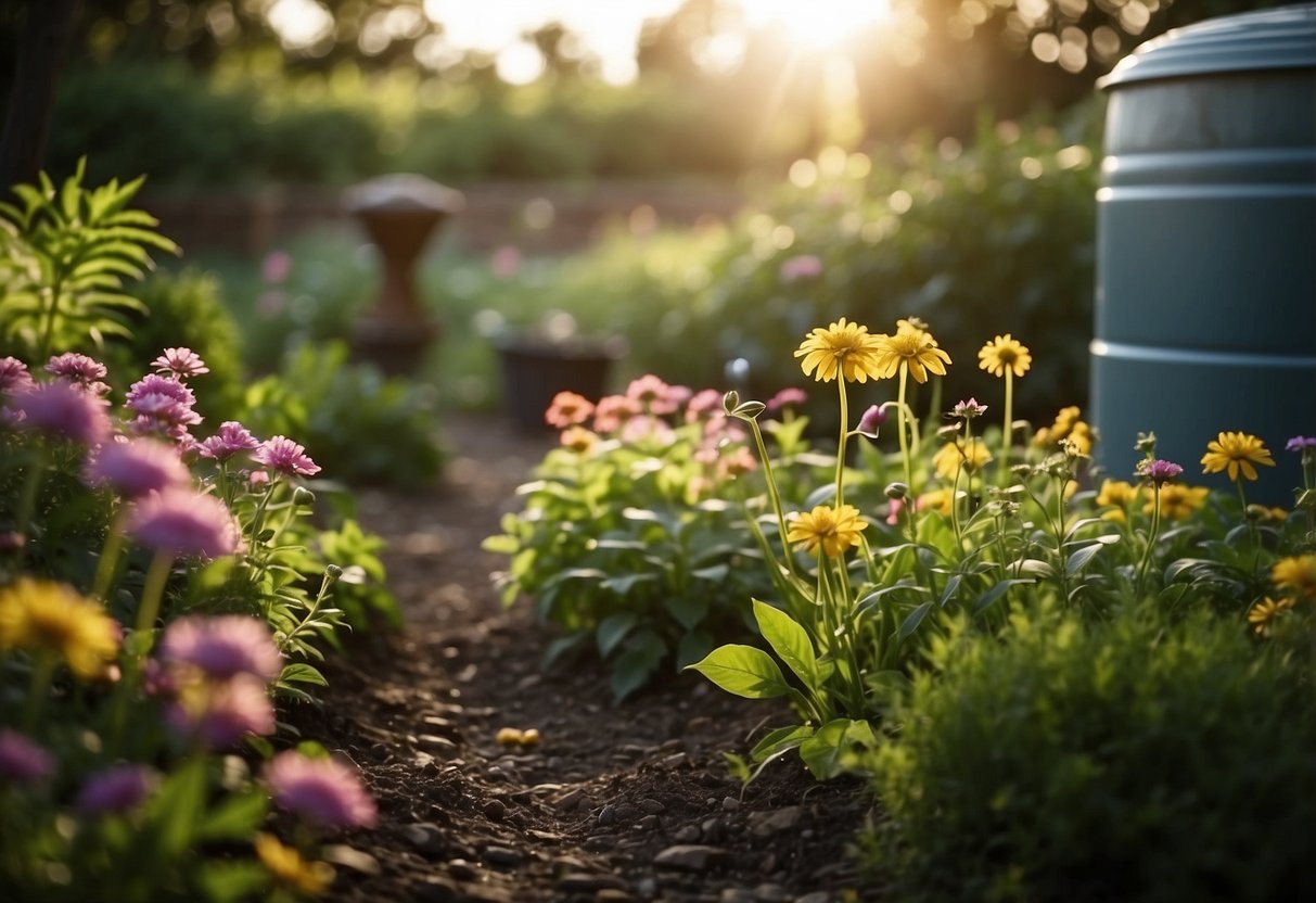 Lush garden with native plants, rain barrel, and compost bin. Solar-powered garden lights illuminate the pathway. Bee-friendly flowers attract pollinators