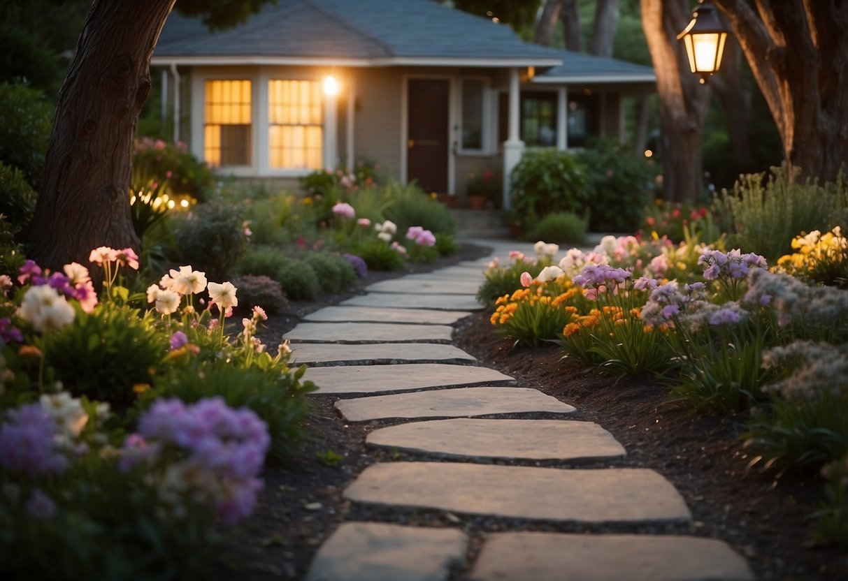 A winding stone pathway leads through a lush front garden, illuminated by vintage pathway lighting. The quaint Californian bungalow stands in the background, surrounded by colorful flowers and tall trees