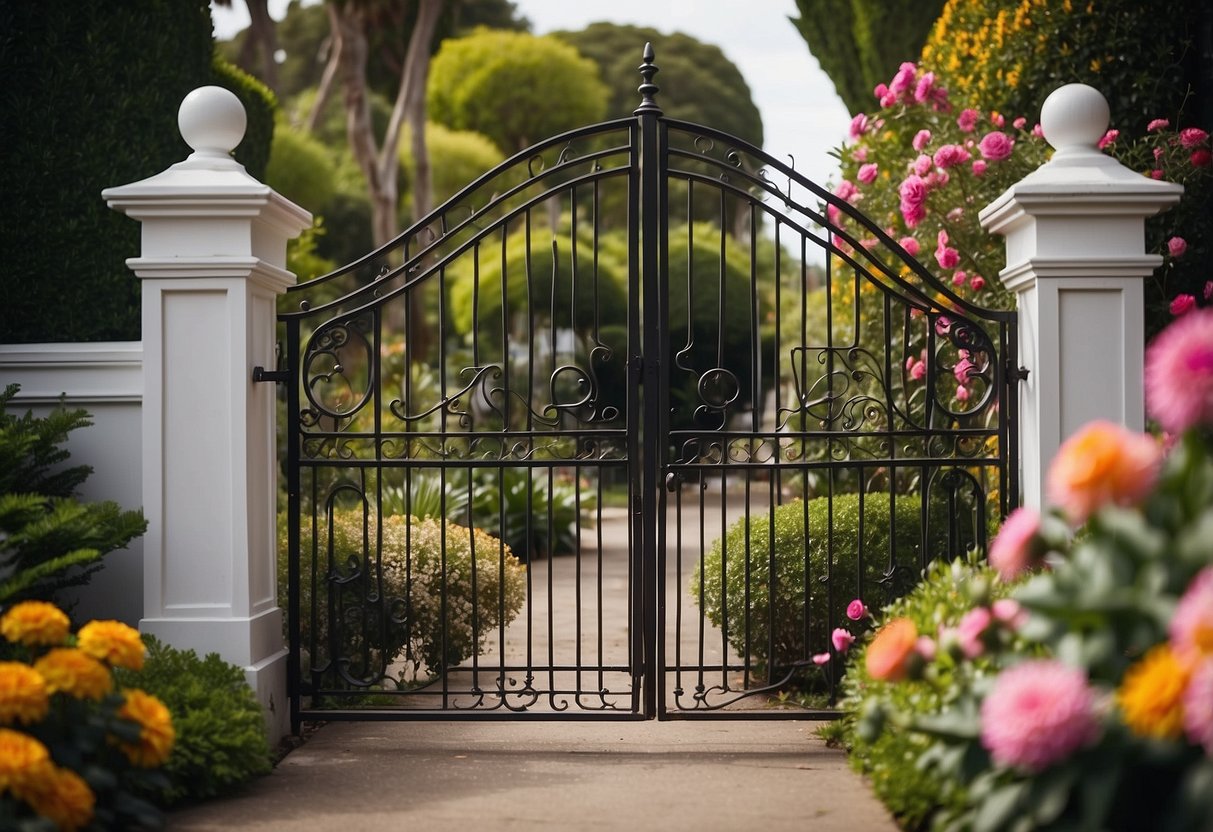 A wrought iron gate stands at the entrance to a front garden of a Californian bungalow, surrounded by vibrant flowers and lush greenery