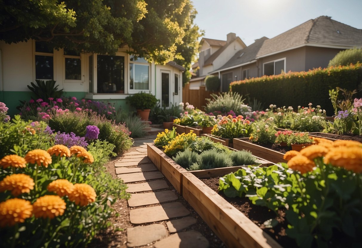 Lush green raised vegetable beds surrounded by colorful flowers in a neatly landscaped front garden of a Californian bungalow