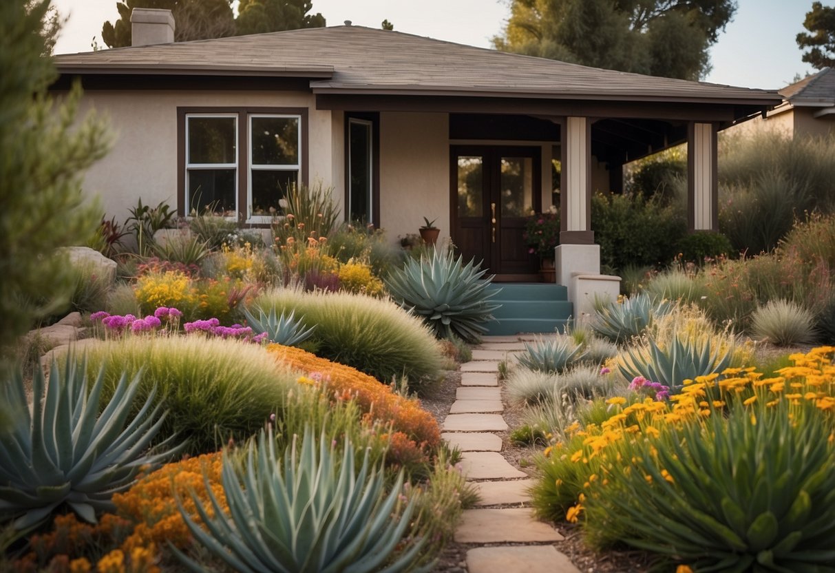 A front garden with native Californian plants surrounds a charming bungalow, featuring colorful wildflowers, succulents, and native grasses