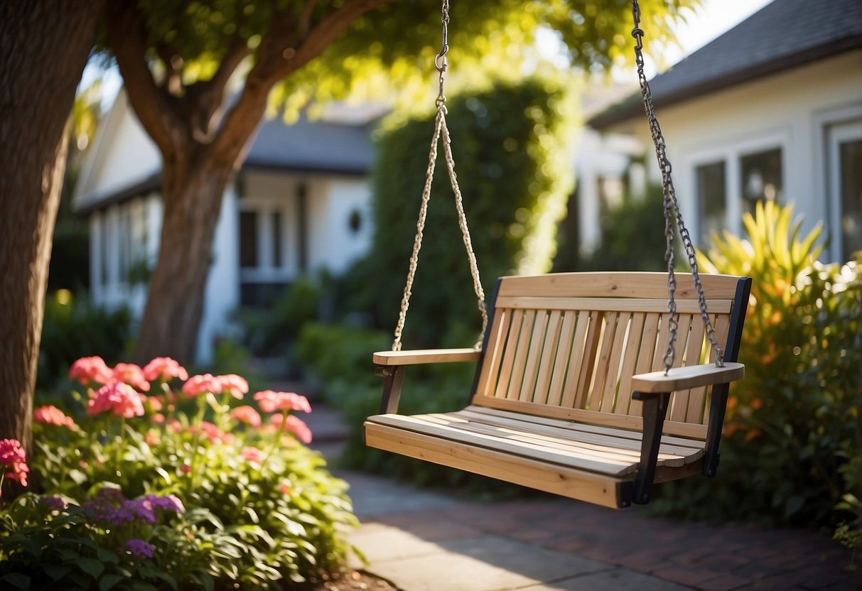 A garden swing hangs from a sturdy tree in a front garden of a Californian bungalow, surrounded by colorful flowers and lush greenery