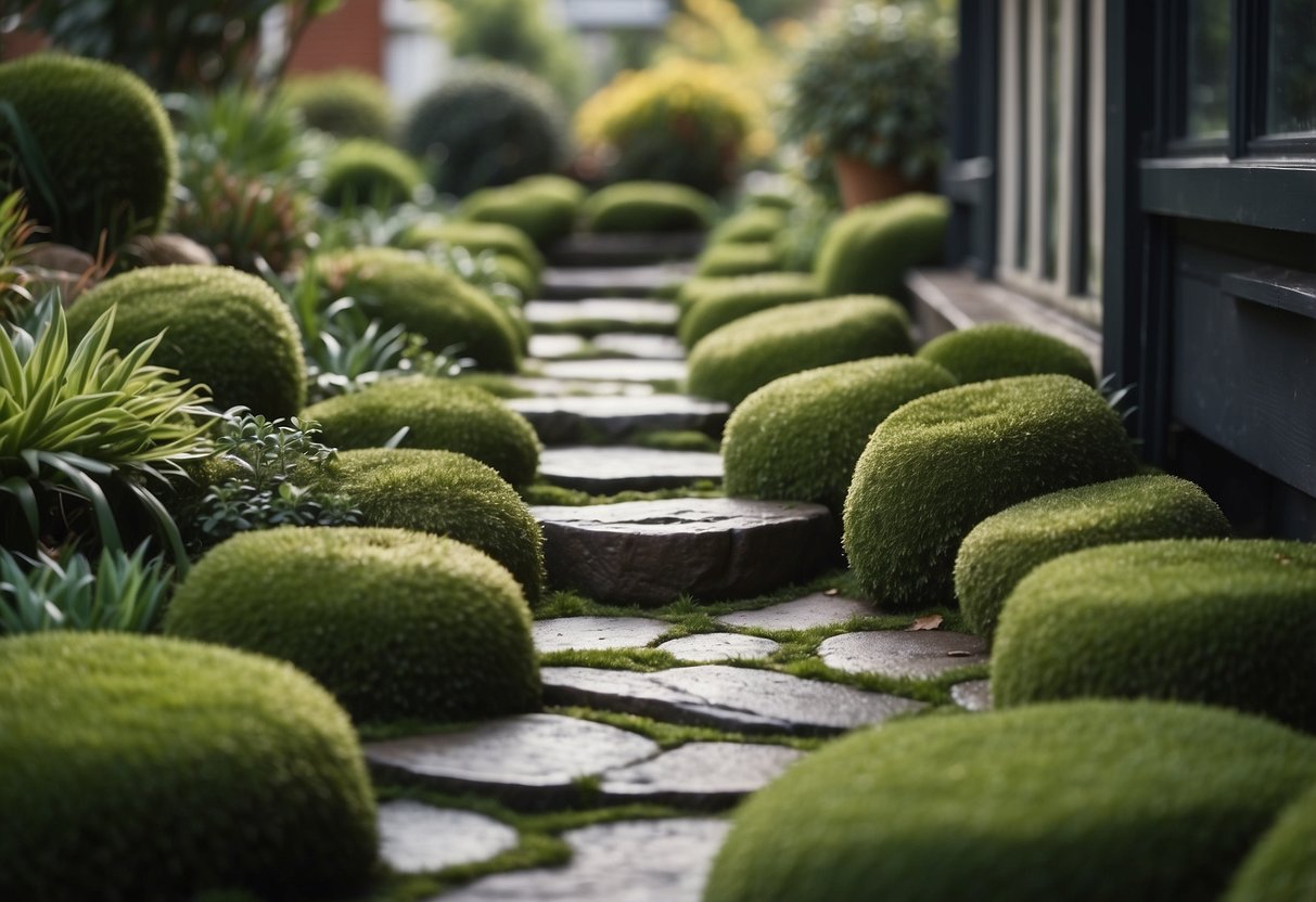 Moss-covered stepping stones lead through a front garden of a Californian bungalow