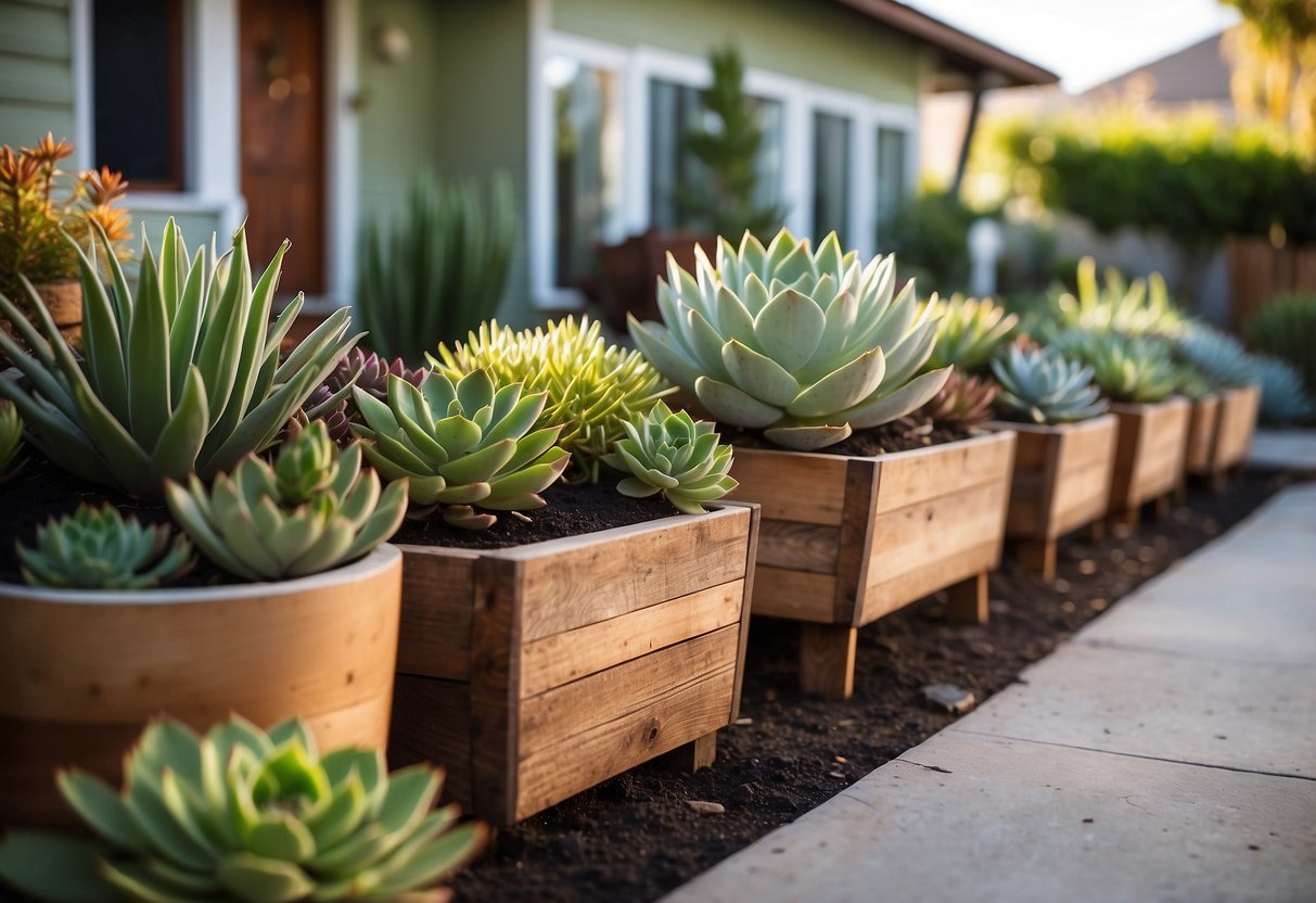 Reclaimed wood planters line the front of a Californian bungalow, filled with vibrant succulents and drought-resistant plants, creating a charming and sustainable garden display