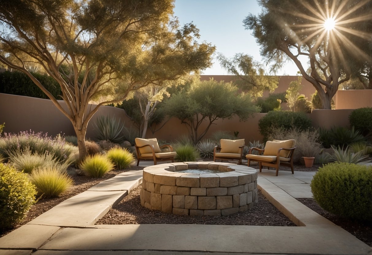 A sunny front garden with drought-resistant plants, a small water feature, and shaded seating area, surrounded by native Californian trees