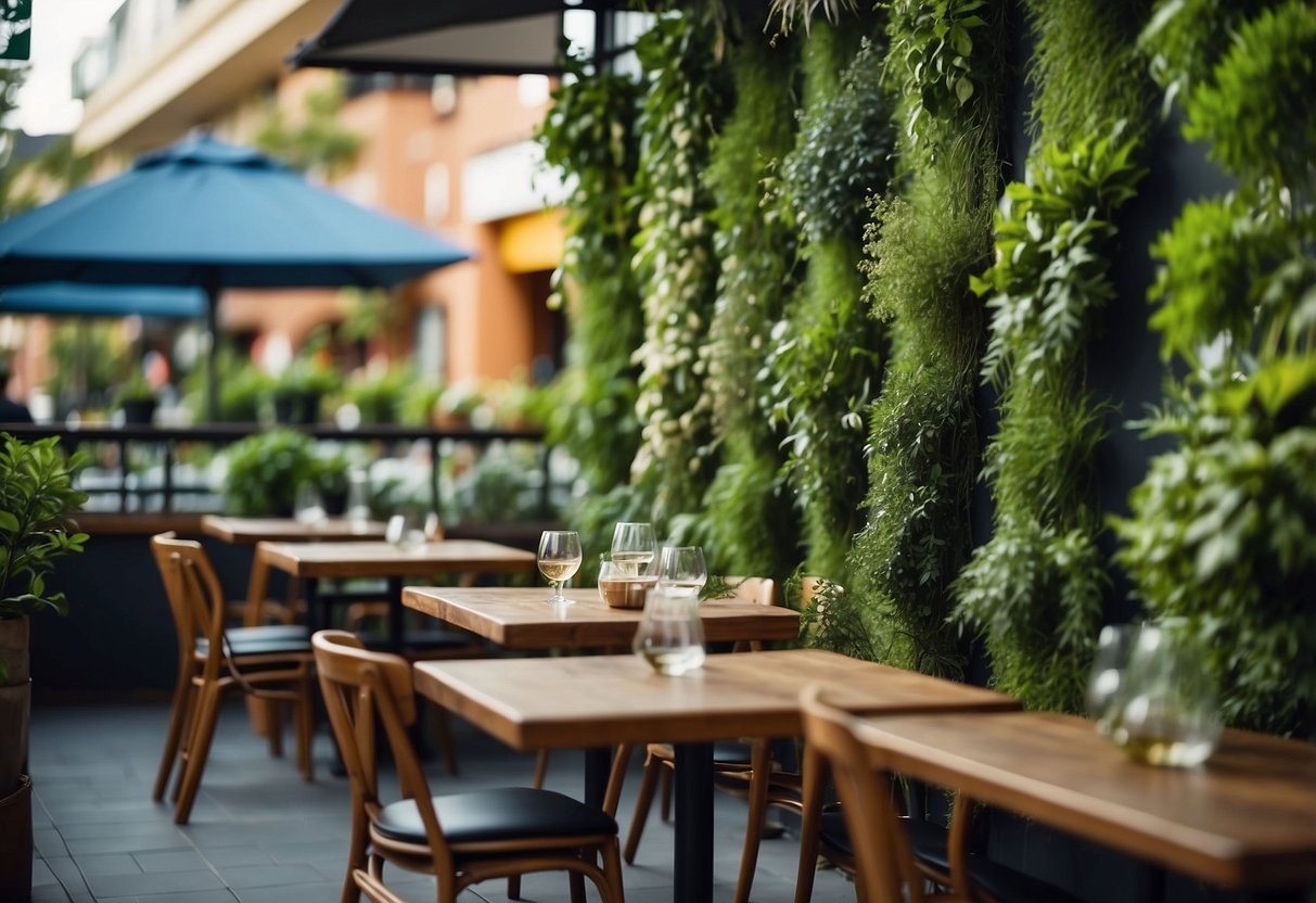 A vertical herb garden adorns the outdoor cafe, with cascading greenery and aromatic herbs creating a lush and inviting atmosphere