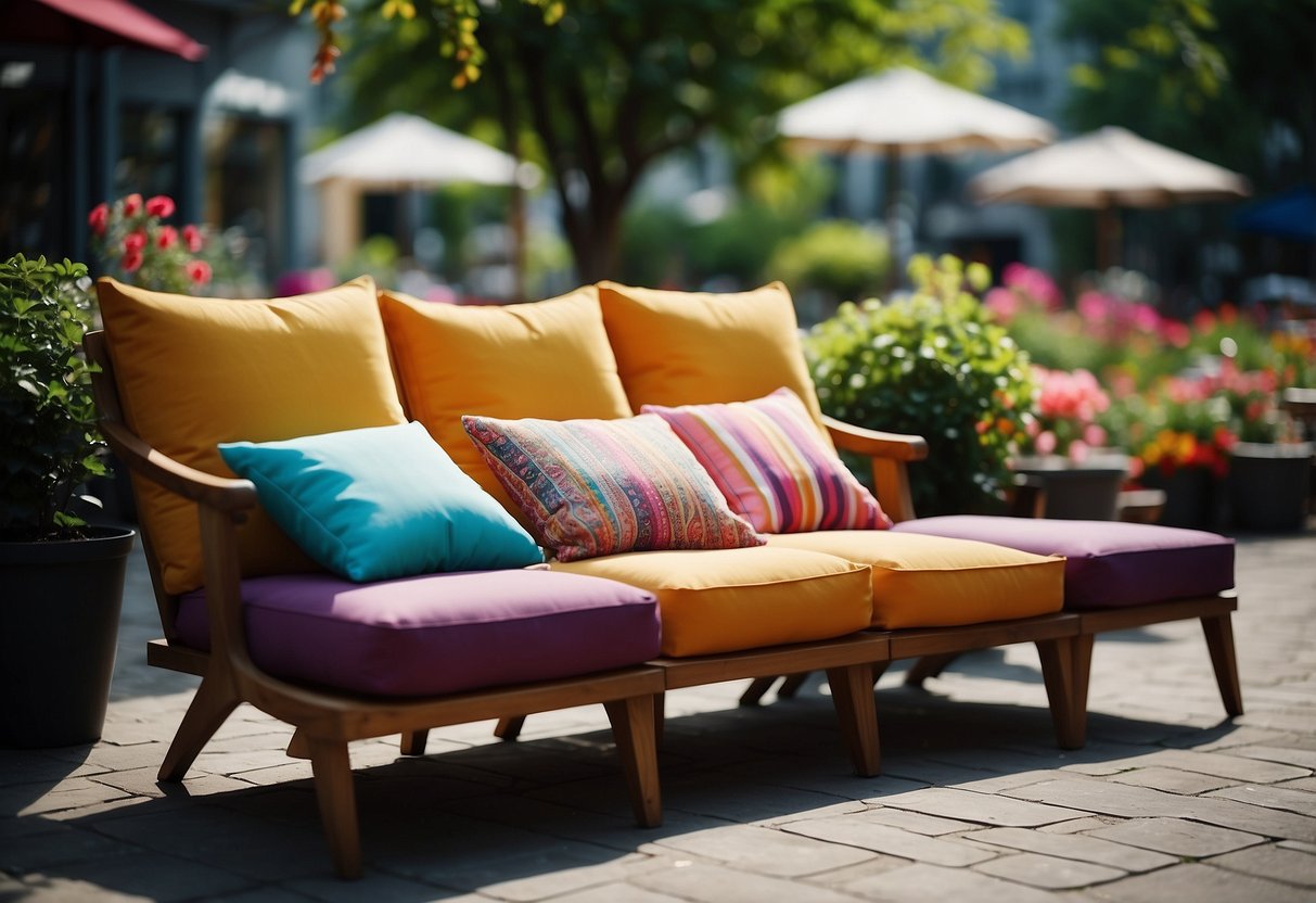 Colorful outdoor cushions adorn the cozy garden seating area of a vibrant cafe, surrounded by lush greenery and blooming flowers