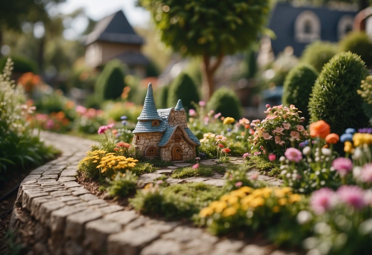 A whimsical garden with colorful flowers, a winding stone path, and adorable gnome statues scattered throughout. A cozy cafe nestled among the greenery with small tables and chairs for outdoor dining