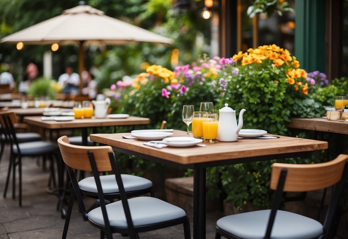 Cafe-style tables arranged in a lush garden setting with colorful flowers and greenery, creating a cozy and inviting atmosphere