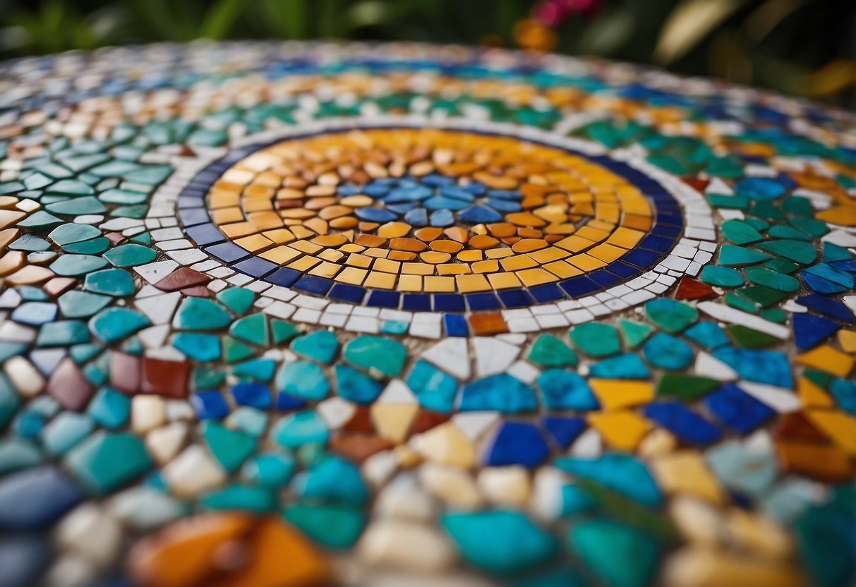 A colorful mosaic tile decor adorns the garden, with vibrant patterns and designs creating a lively and inviting atmosphere