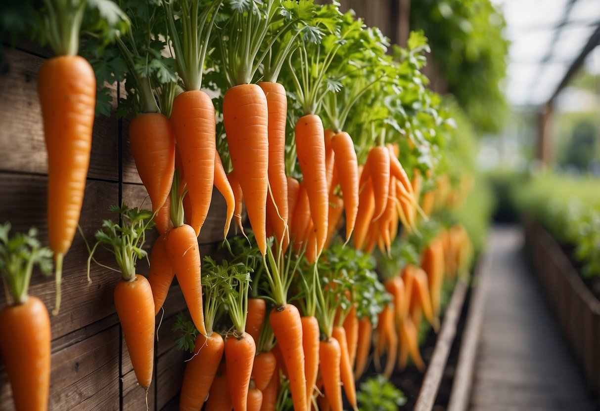 A vertical garden with lush greenery and vibrant orange carrots growing in rows against a wooden trellis