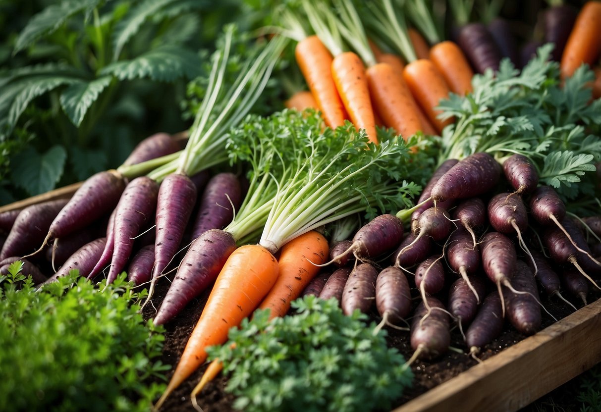 A lush garden bed with vibrant carrots and various herbs intertwining, creating a beautiful and functional display of natural bounty